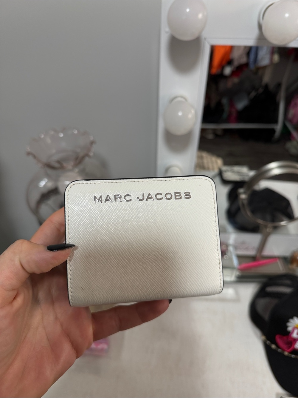 Marc Jacobs White Saffiano Leather Small Wallet with Silver Logo